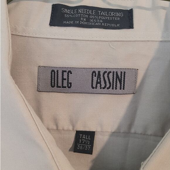 Oleg Cassini Men’s Shirt 17.5 36/37 Beige Button Up Single Needle Stitch GUC - Picture 3 of 6